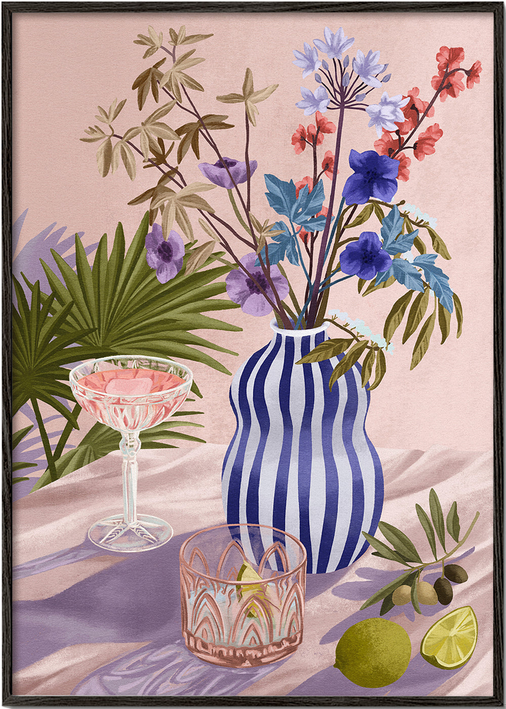 Botanisk plakat: blomster i stribet vase