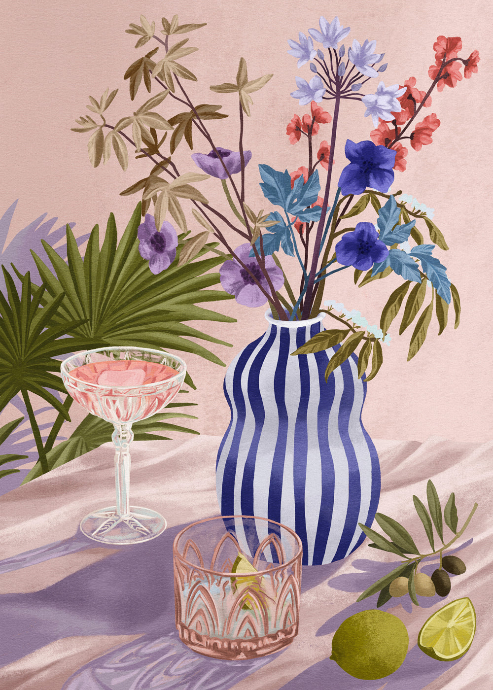 Botanisk plakat: blomster i stribet vase