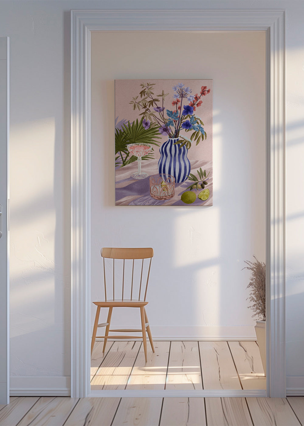 Botanisk plakat: blomster i stribet vase