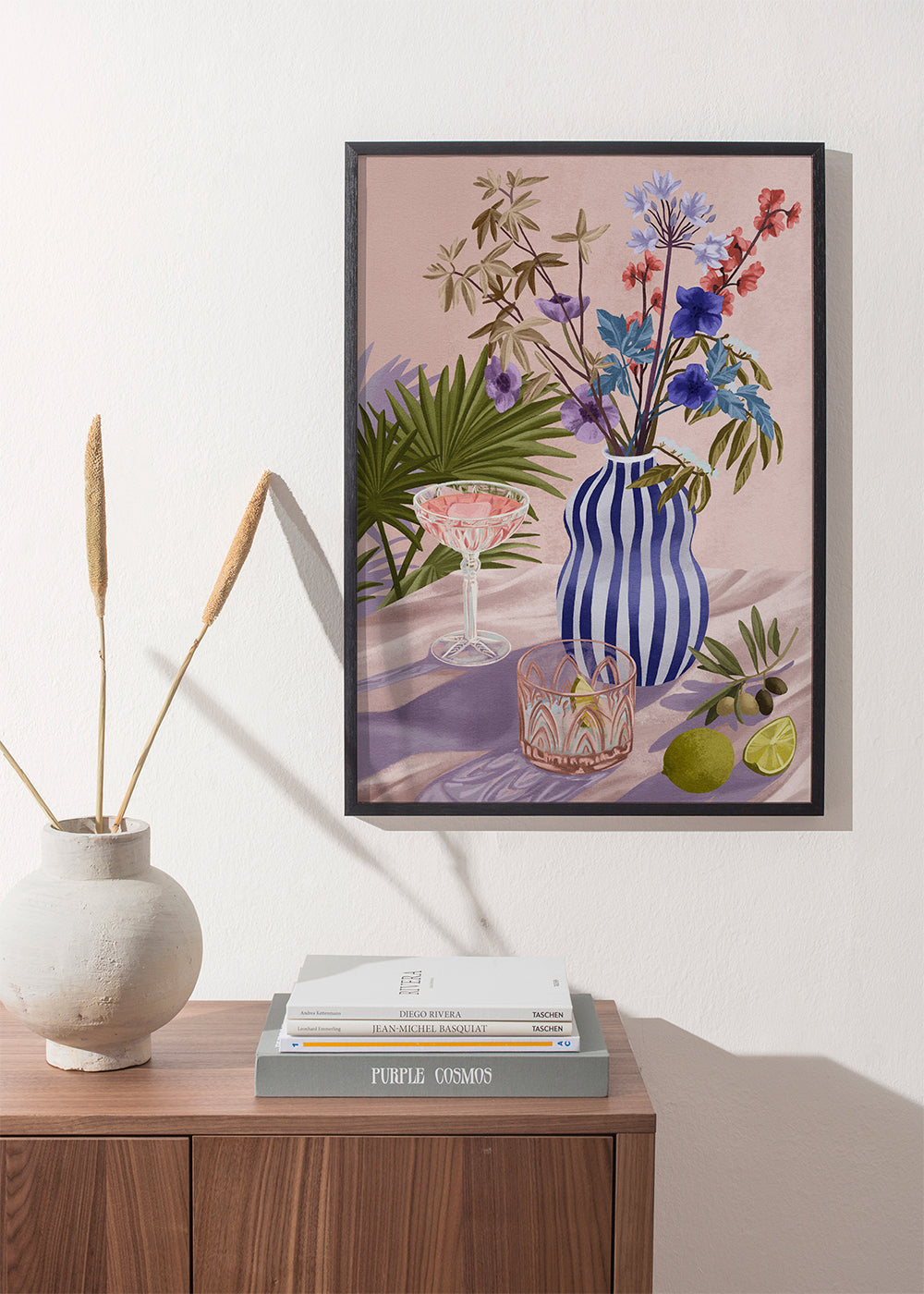 Botanisk plakat: blomster i stribet vase