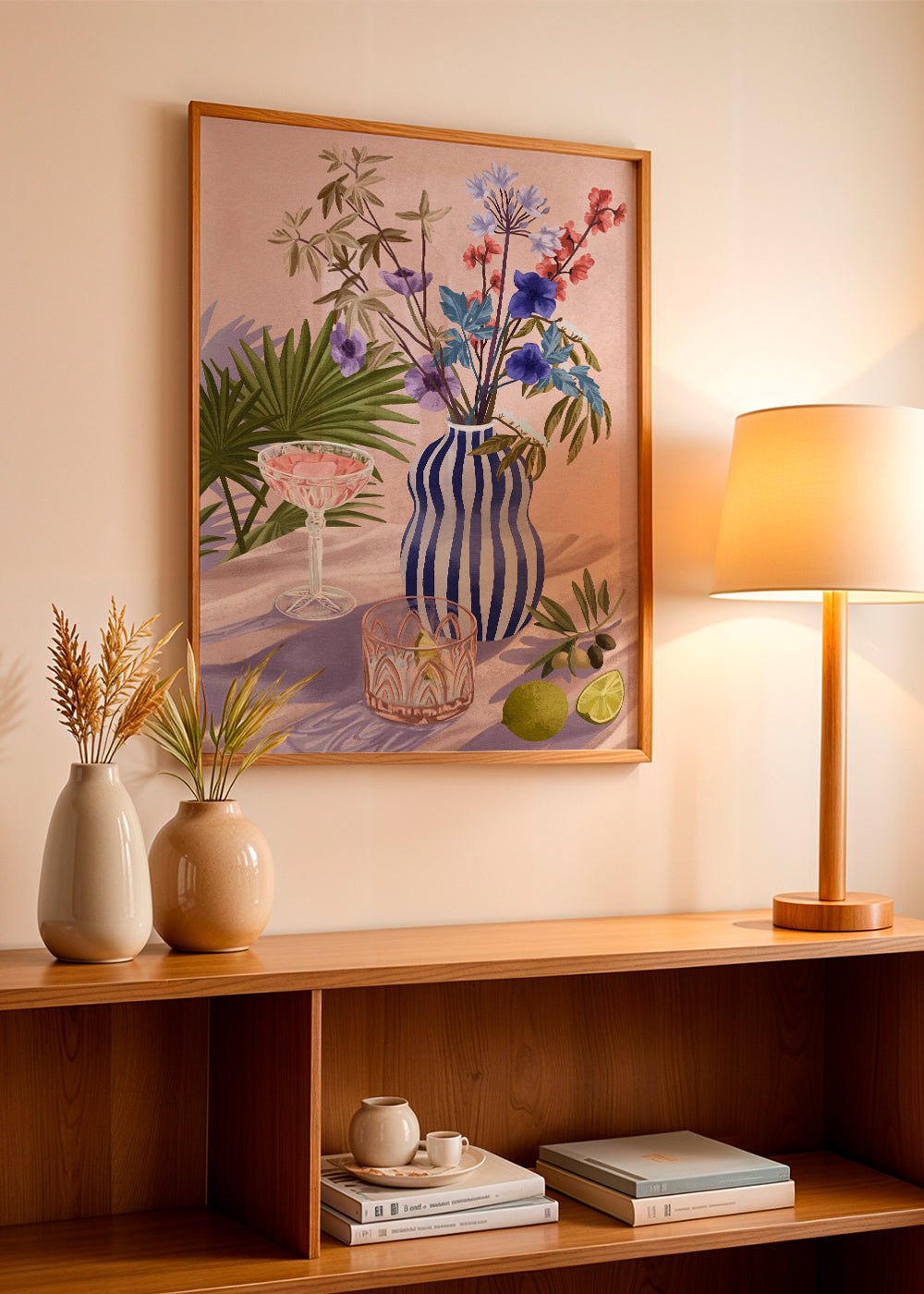 Botanisk plakat: blomster i stribet vase