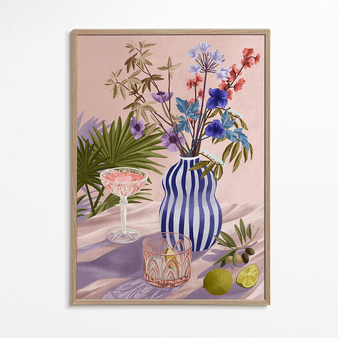 Botanisk plakat: blomster i stribet vase