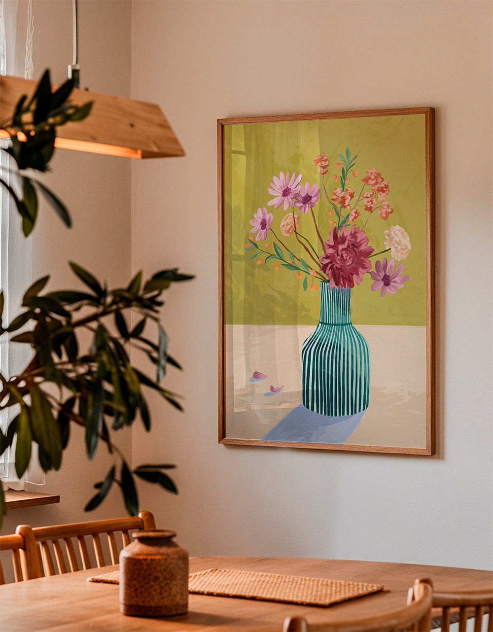 Botanisk plakat stribet vase med buket