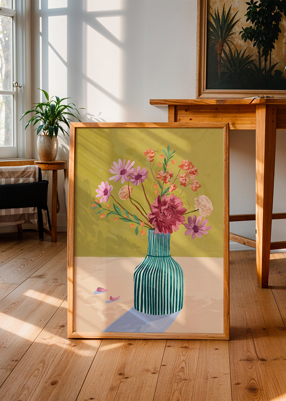 Botanisk plakat stribet vase med buket