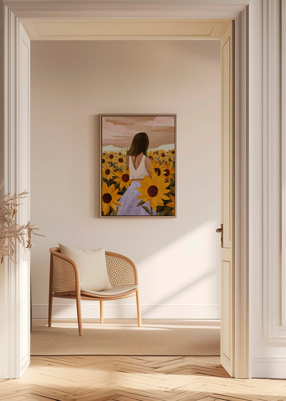 Botanisk plakat: kvinde blandt solsikker