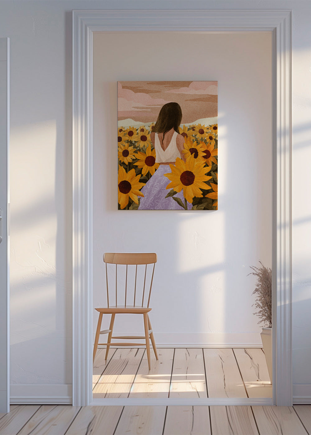 Botanisk plakat: kvinde blandt solsikker