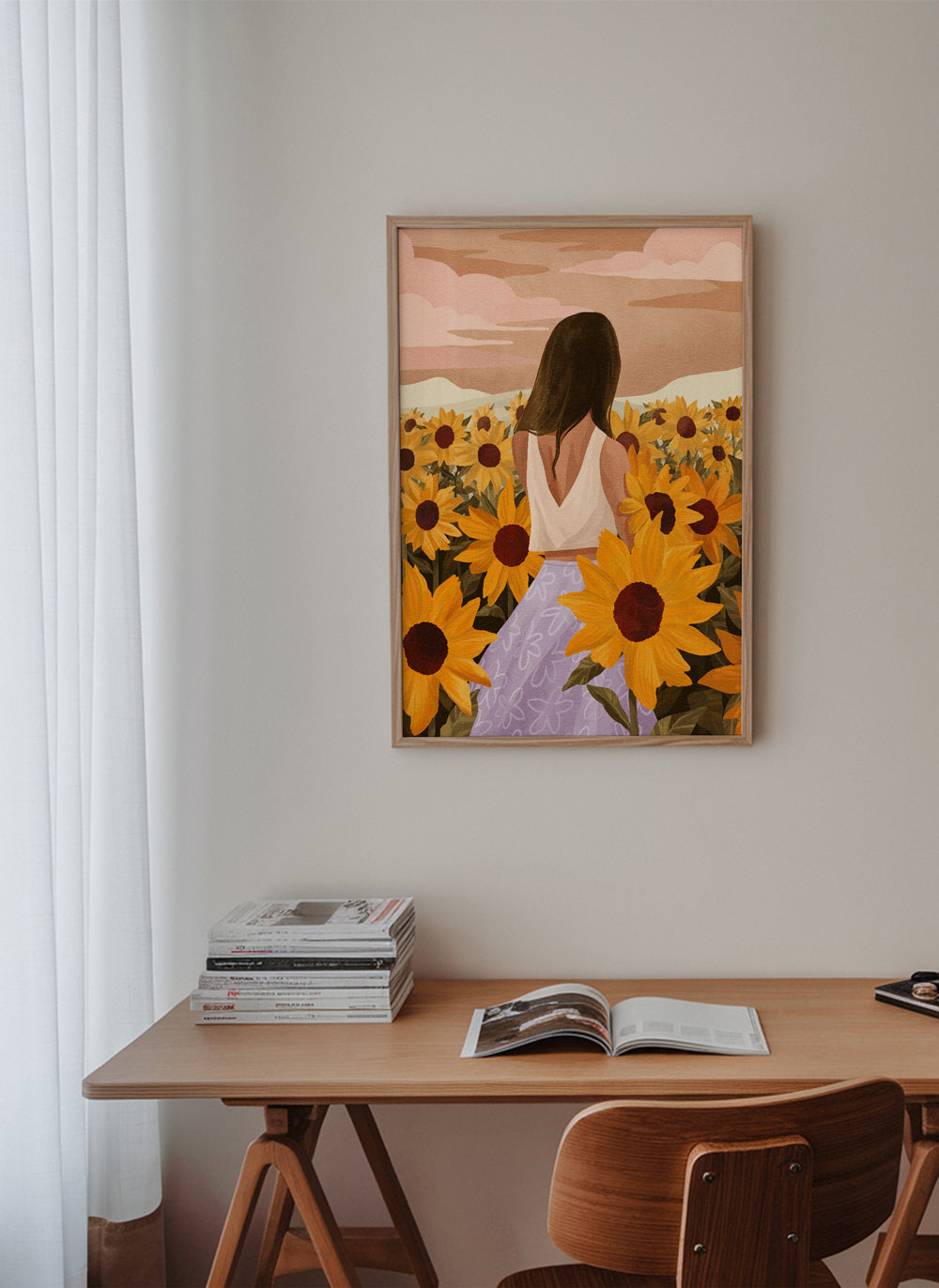 Botanisk plakat: kvinde blandt solsikker
