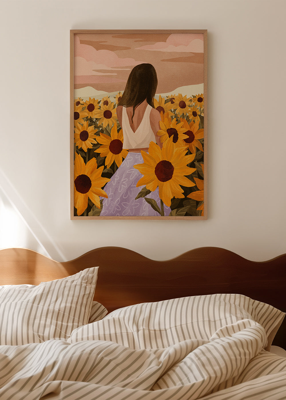 Botanisk plakat: kvinde blandt solsikker