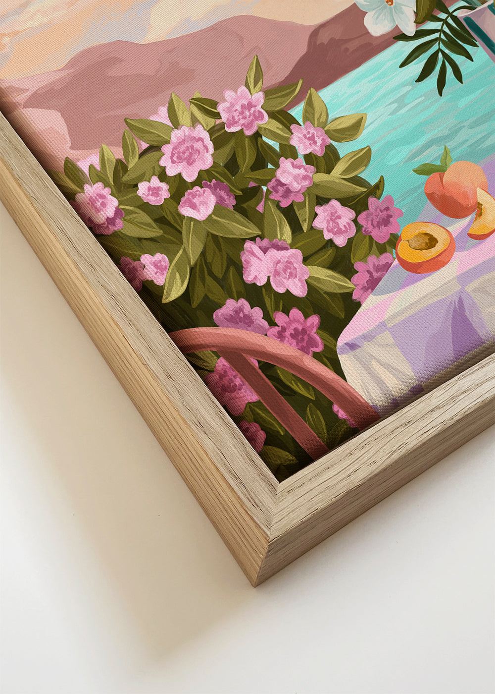 Botanisk plakat med vase og frugt ved havet
