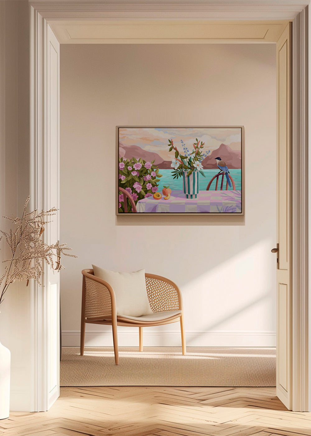 Botanisk plakat med vase og frugt ved havet