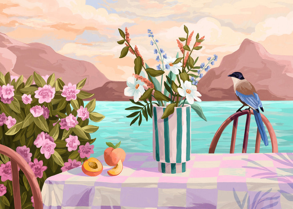 Botanisk plakat med vase og frugt ved havet