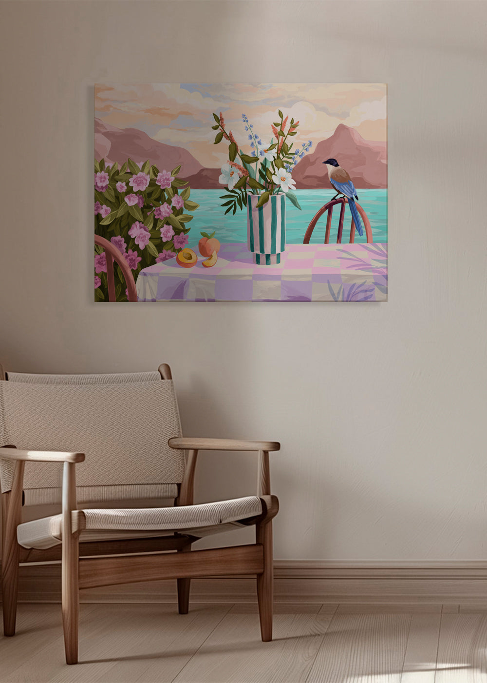 Botanisk plakat med vase og frugt ved havet