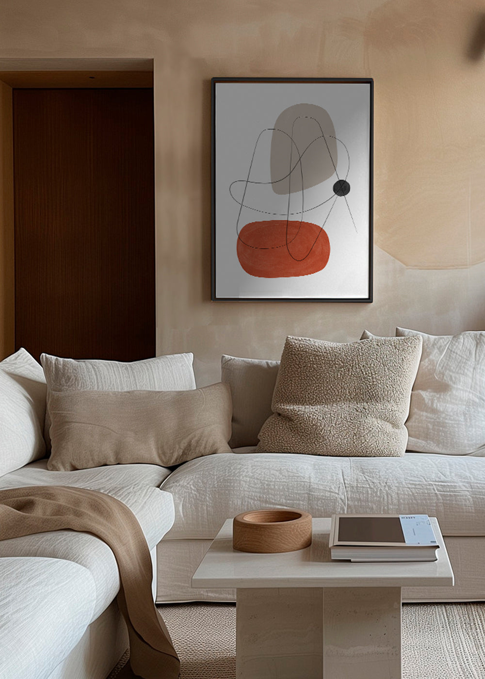 Abstrakt kunst terracotta og beige
