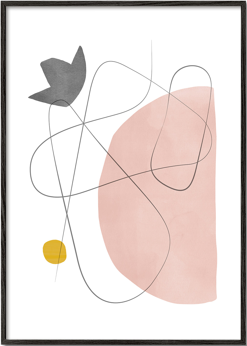 Abstrakt kunst med rosa form og linjetryk
