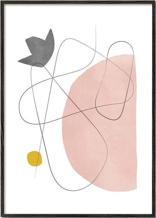 Abstrakt kunst med rosa form og linjetryk