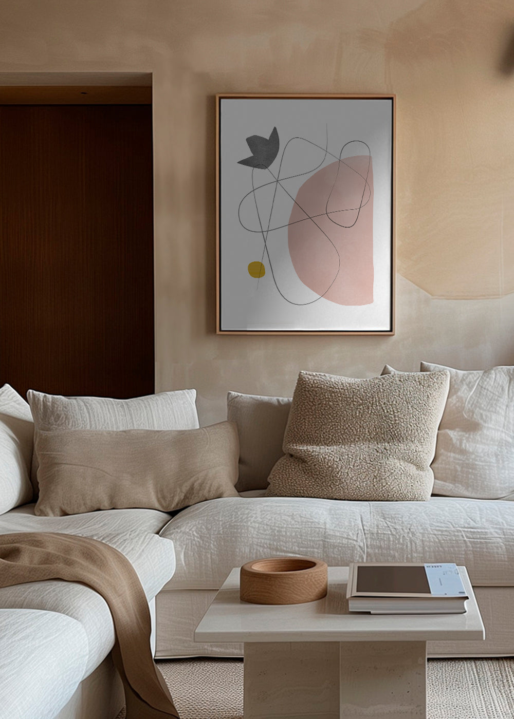Abstrakt kunst med rosa form og linjetryk