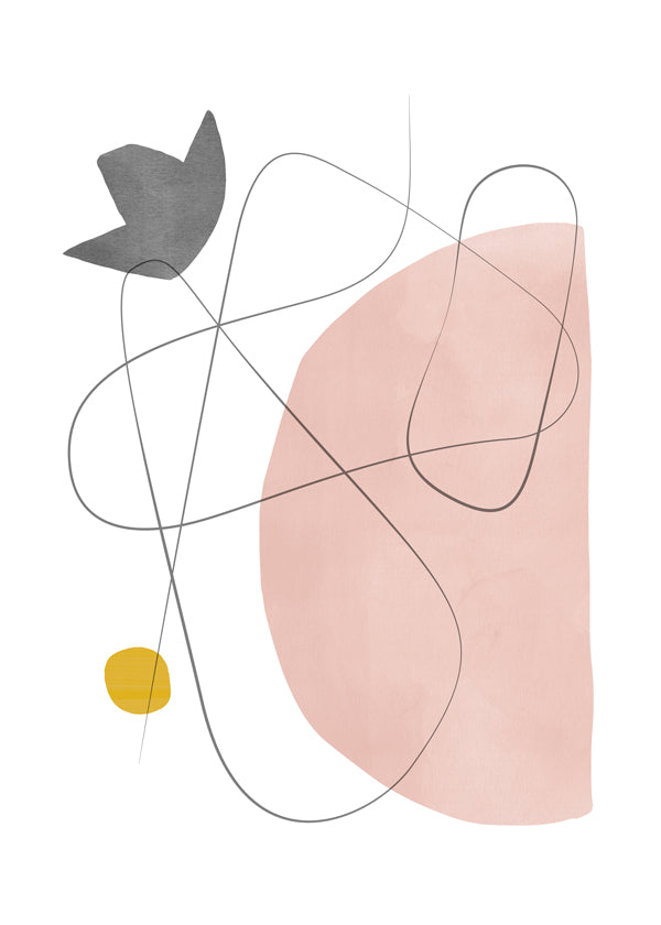 Abstrakt kunst med rosa form og linjetryk