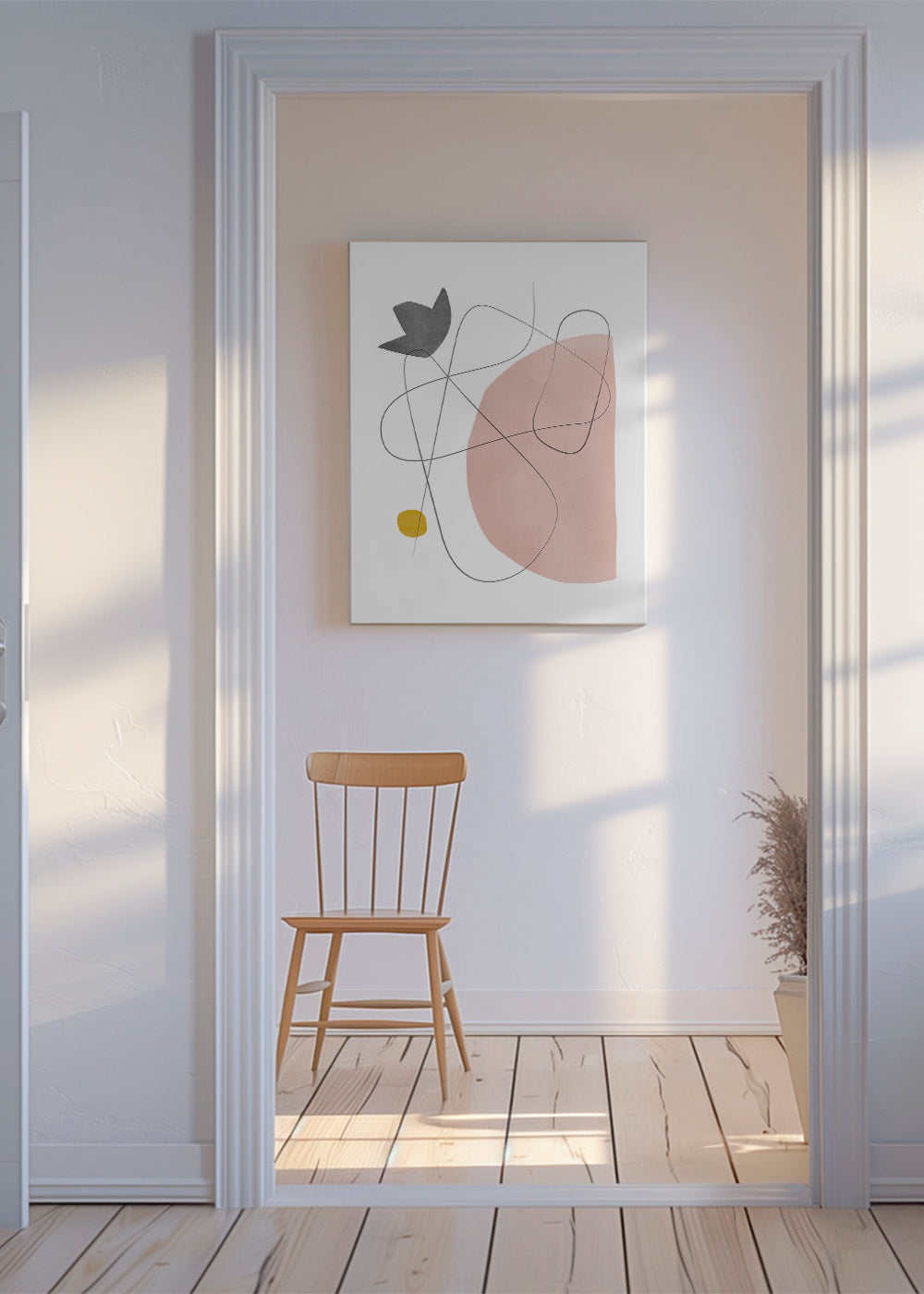 Abstrakt kunst med rosa form og linjetryk