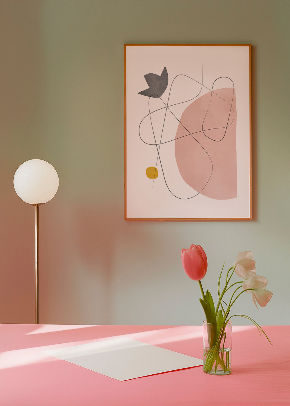 Abstrakt kunst med rosa form og linjetryk