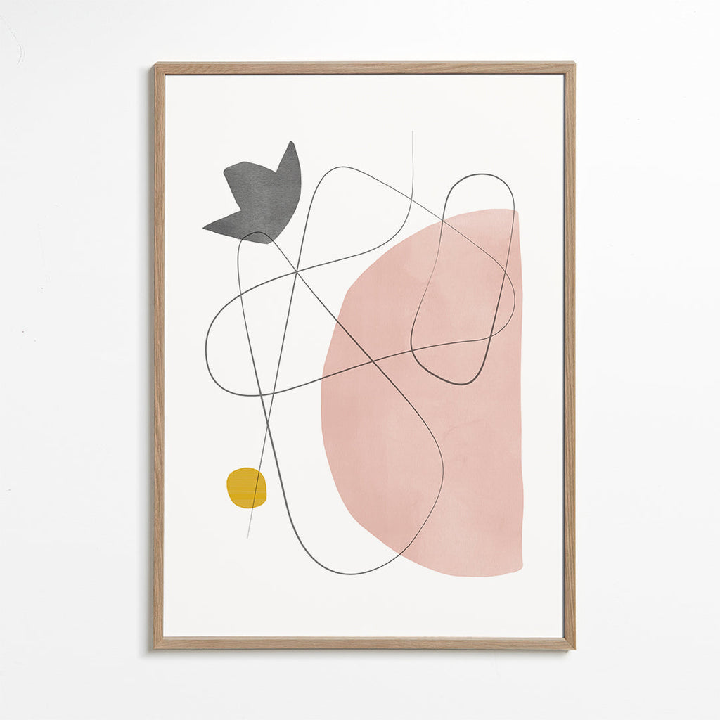 Abstrakt kunst med rosa form og linjetryk