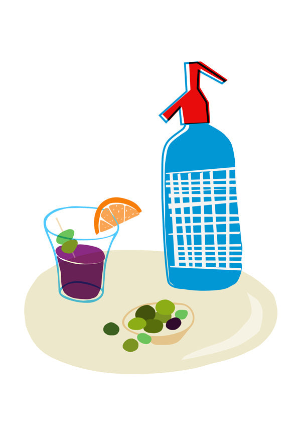 Køkkenkunst: sifonflaske og vermouthglas illustration