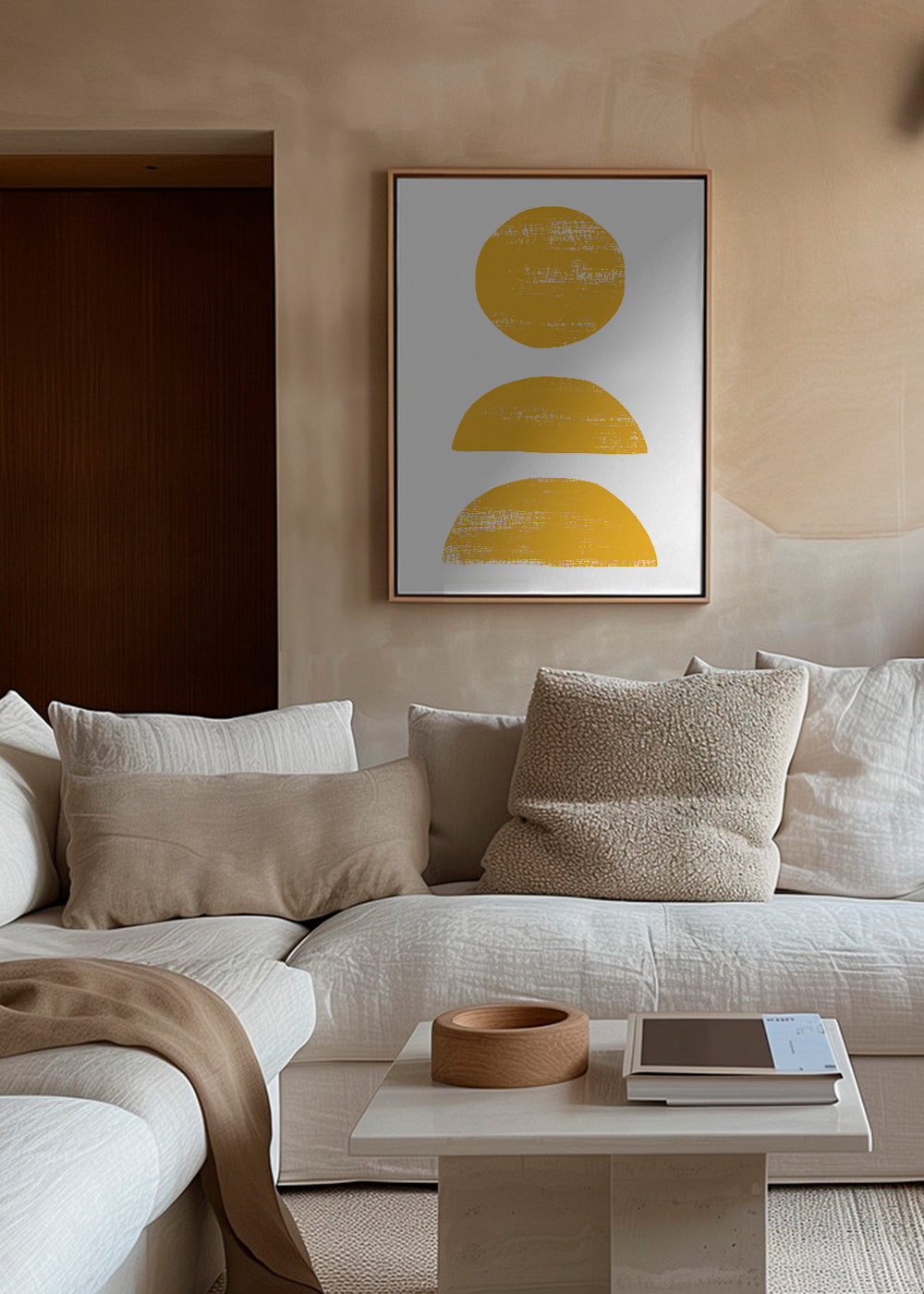 Minimalistisk gul plakat med stablede former
