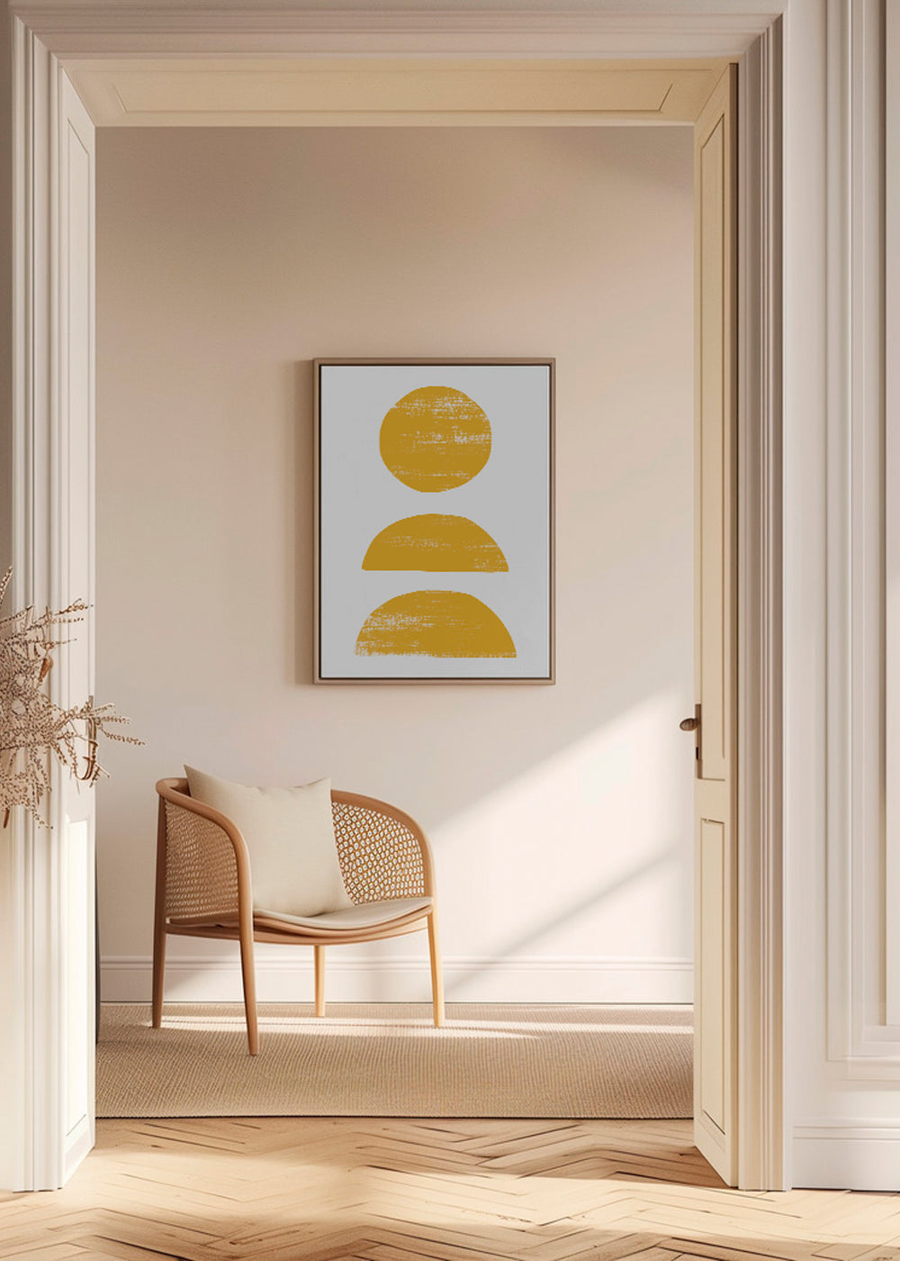 Minimalistisk gul plakat med stablede former