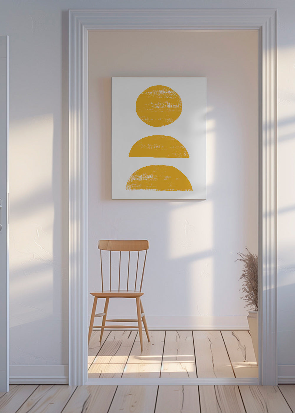 Minimalistisk gul plakat med stablede former