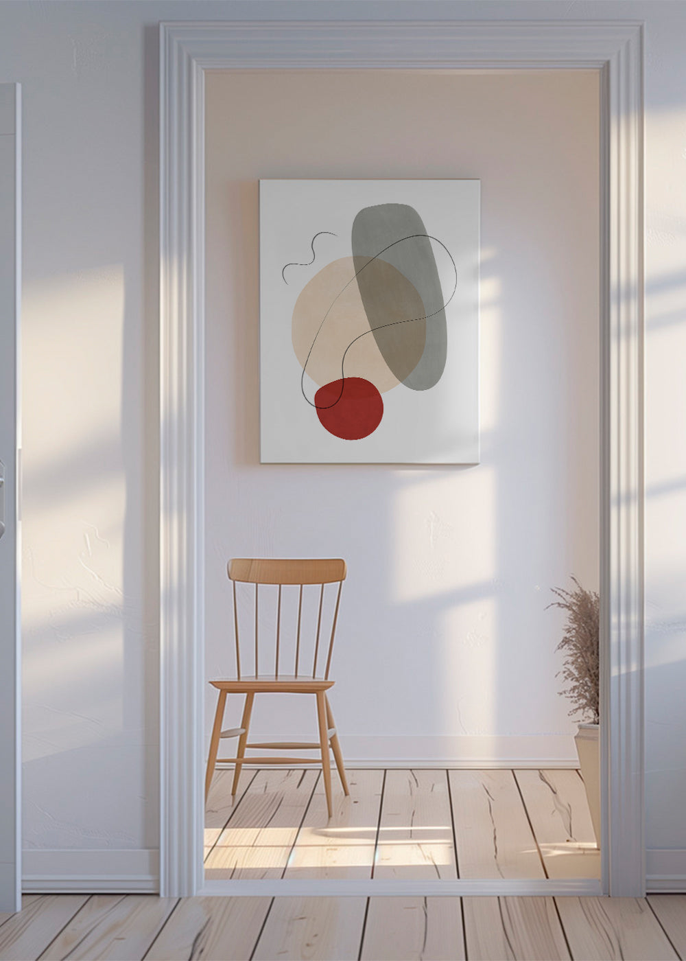Abstrakt billede med organiske former i beige og grå