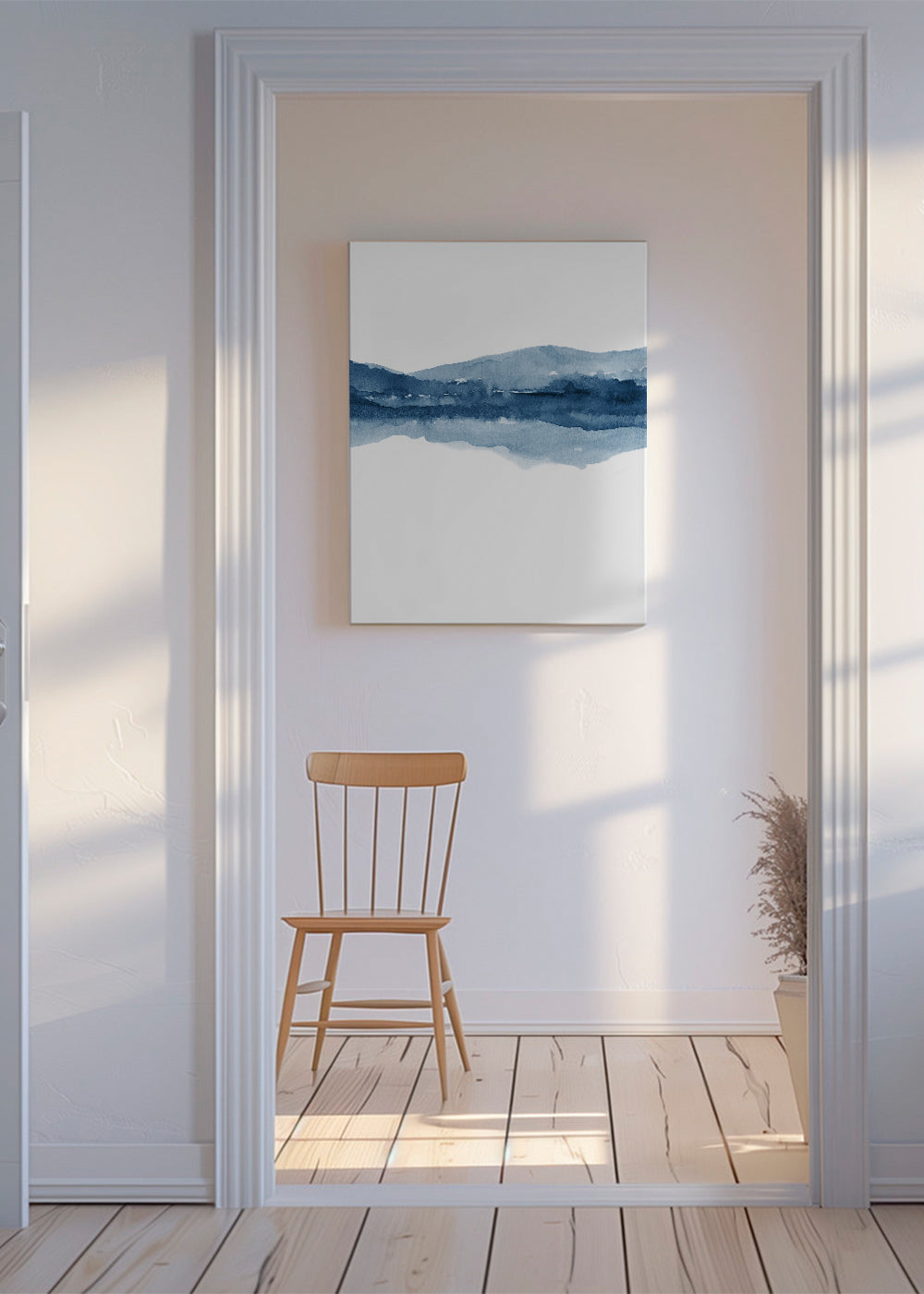 Akvarel landskab i blåt med refleksion