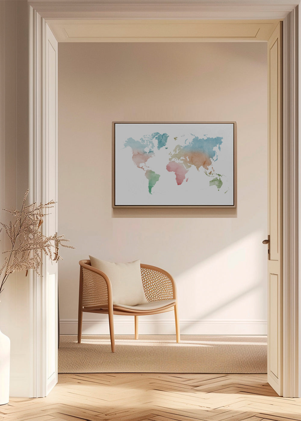 Rejseplakat: verdenskort akvarel pastel