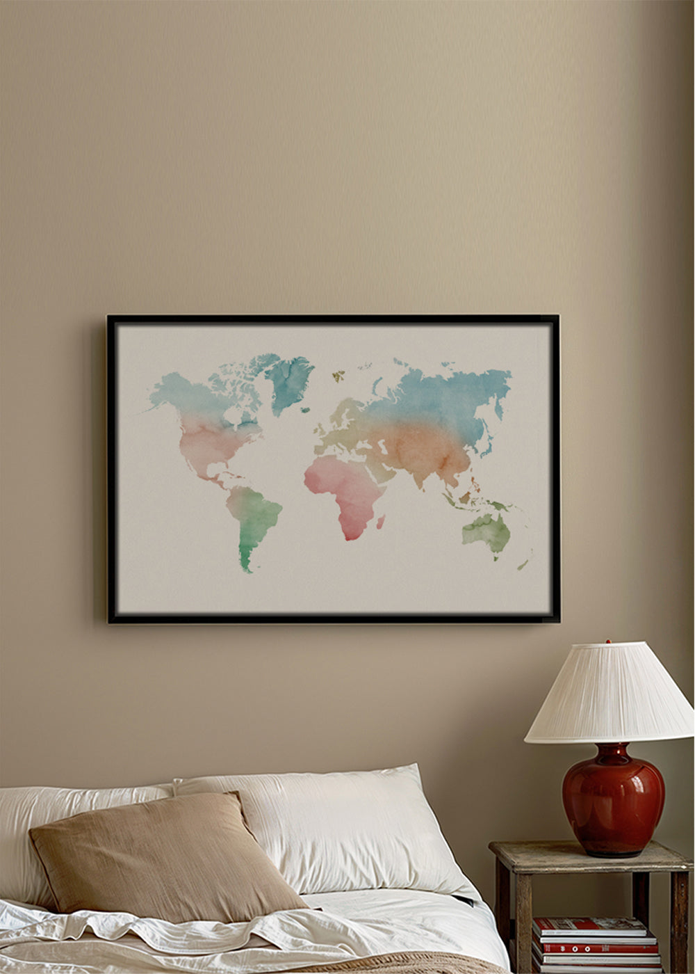 Rejseplakat: verdenskort akvarel pastel