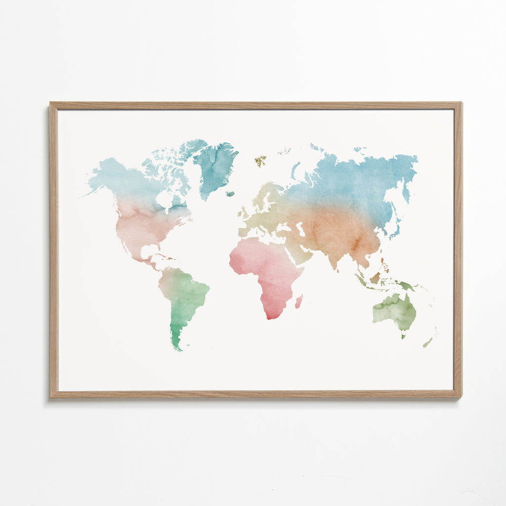 Rejseplakat: verdenskort akvarel pastel