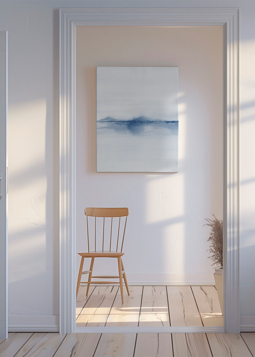 Akvarel landskab blå minimal