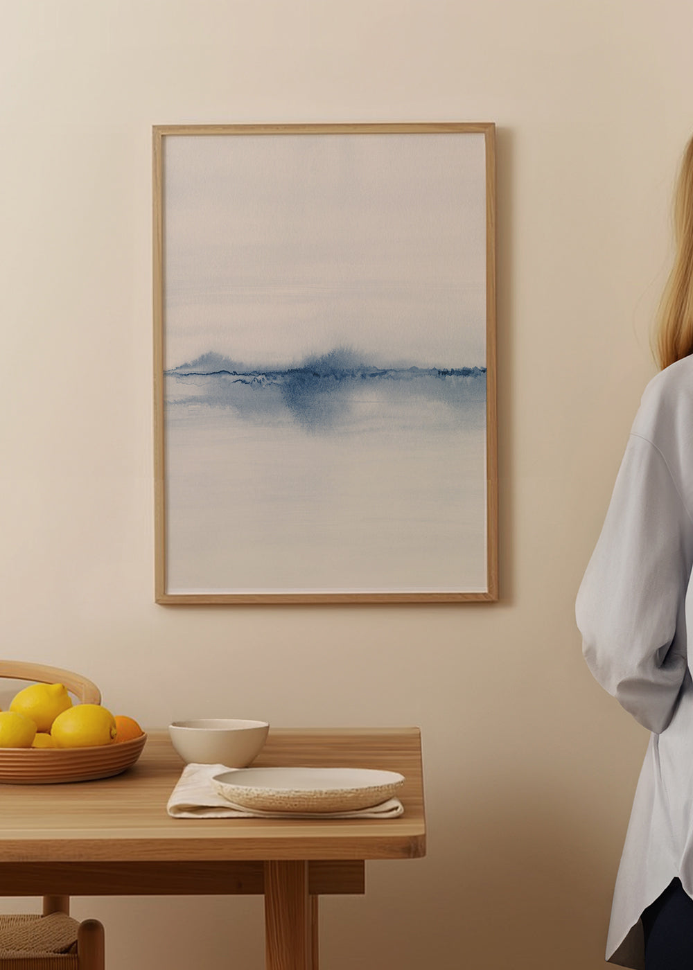 Akvarel landskab blå minimal
