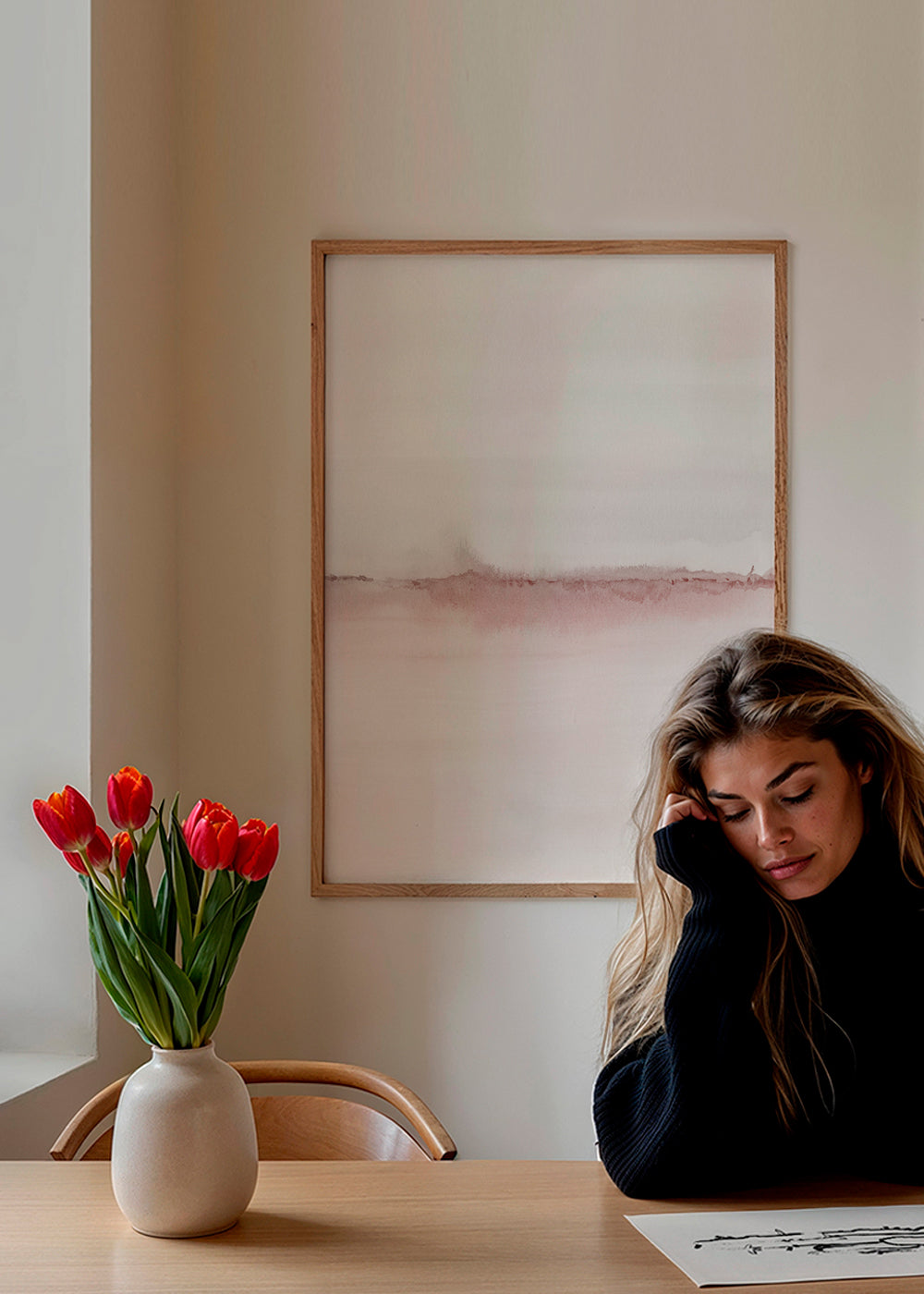 Akvarel landskab med rosa horisont