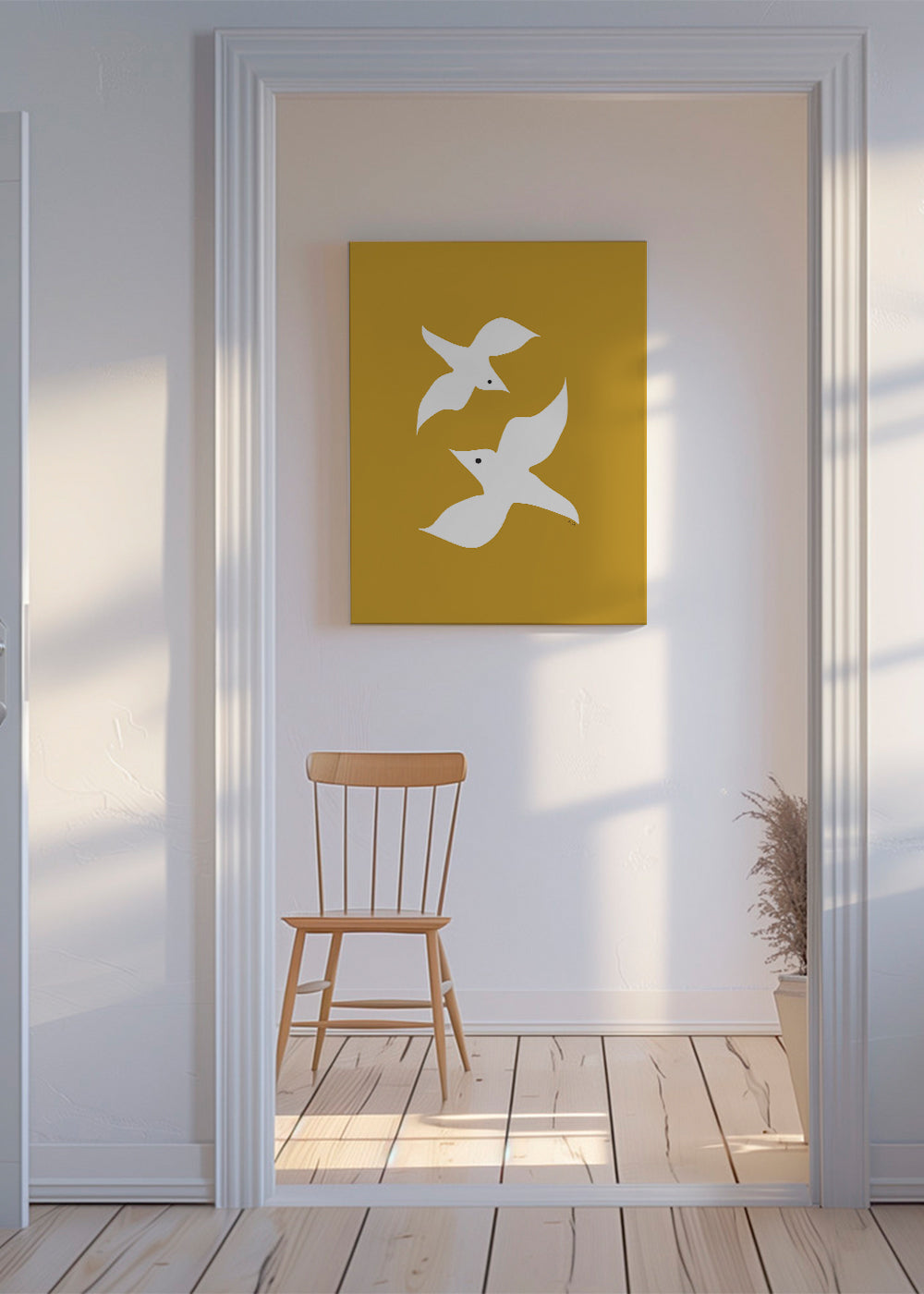 Minimalistisk fuglekunst sennep