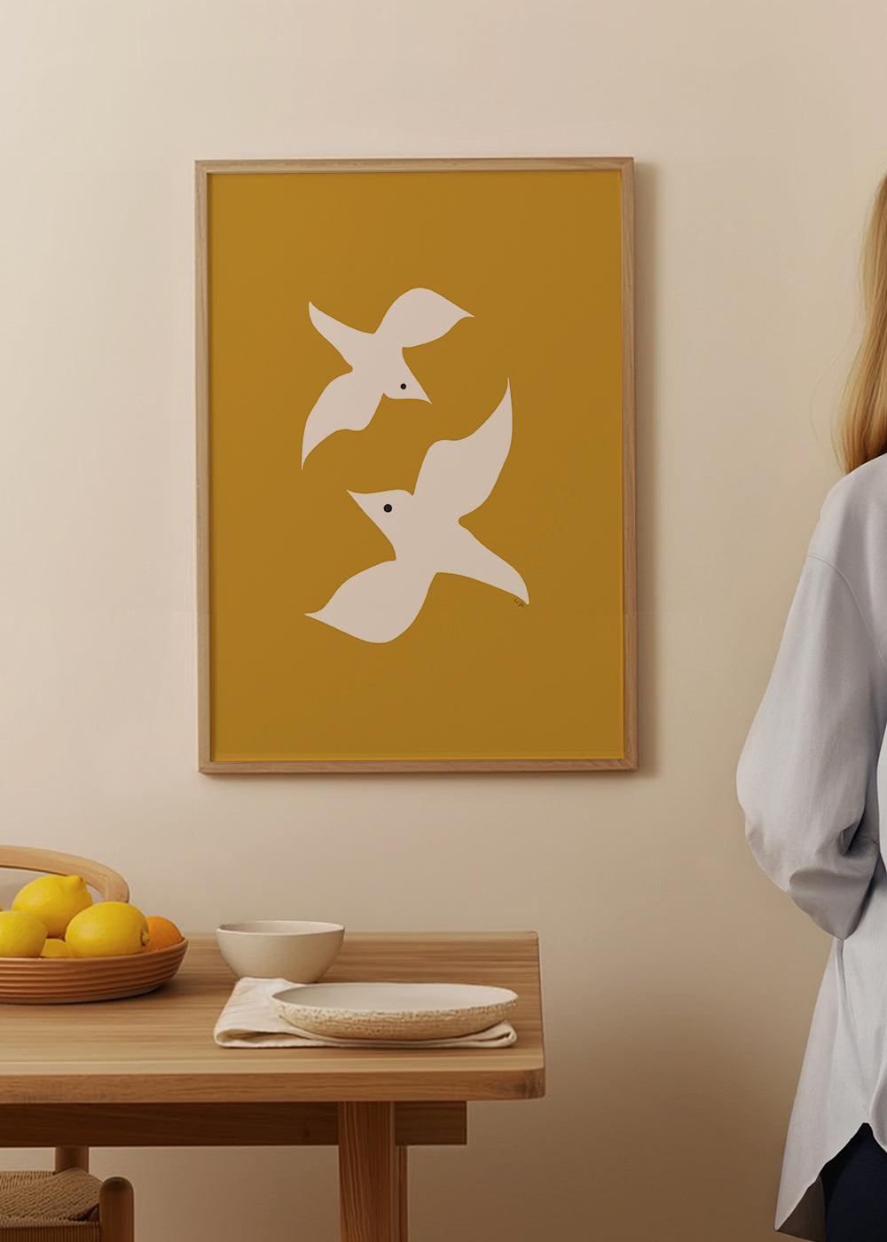 Minimalistisk fuglekunst sennep