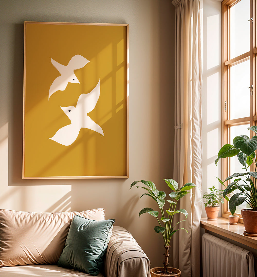 Minimalistisk fuglekunst sennep
