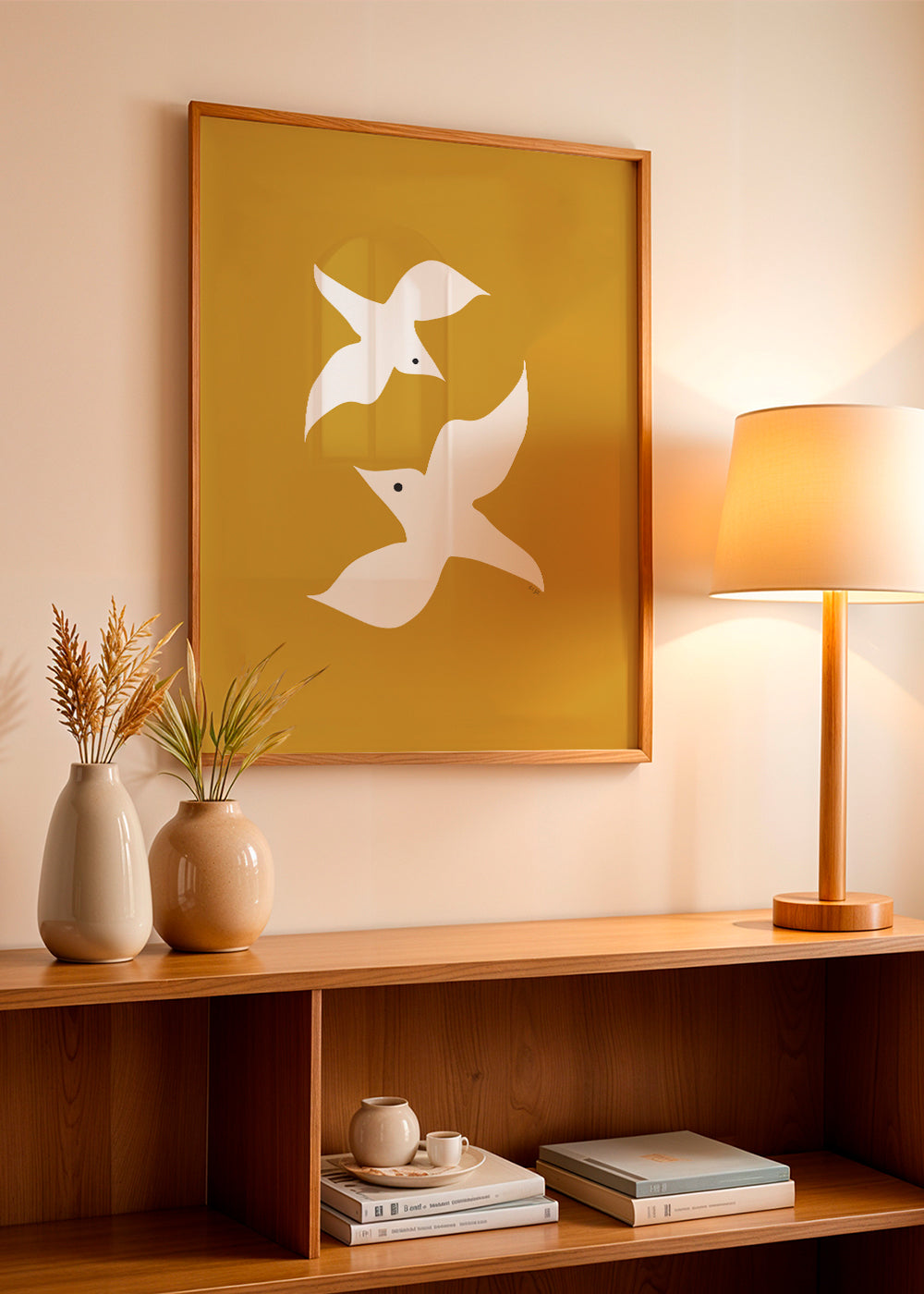 Minimalistisk fuglekunst sennep