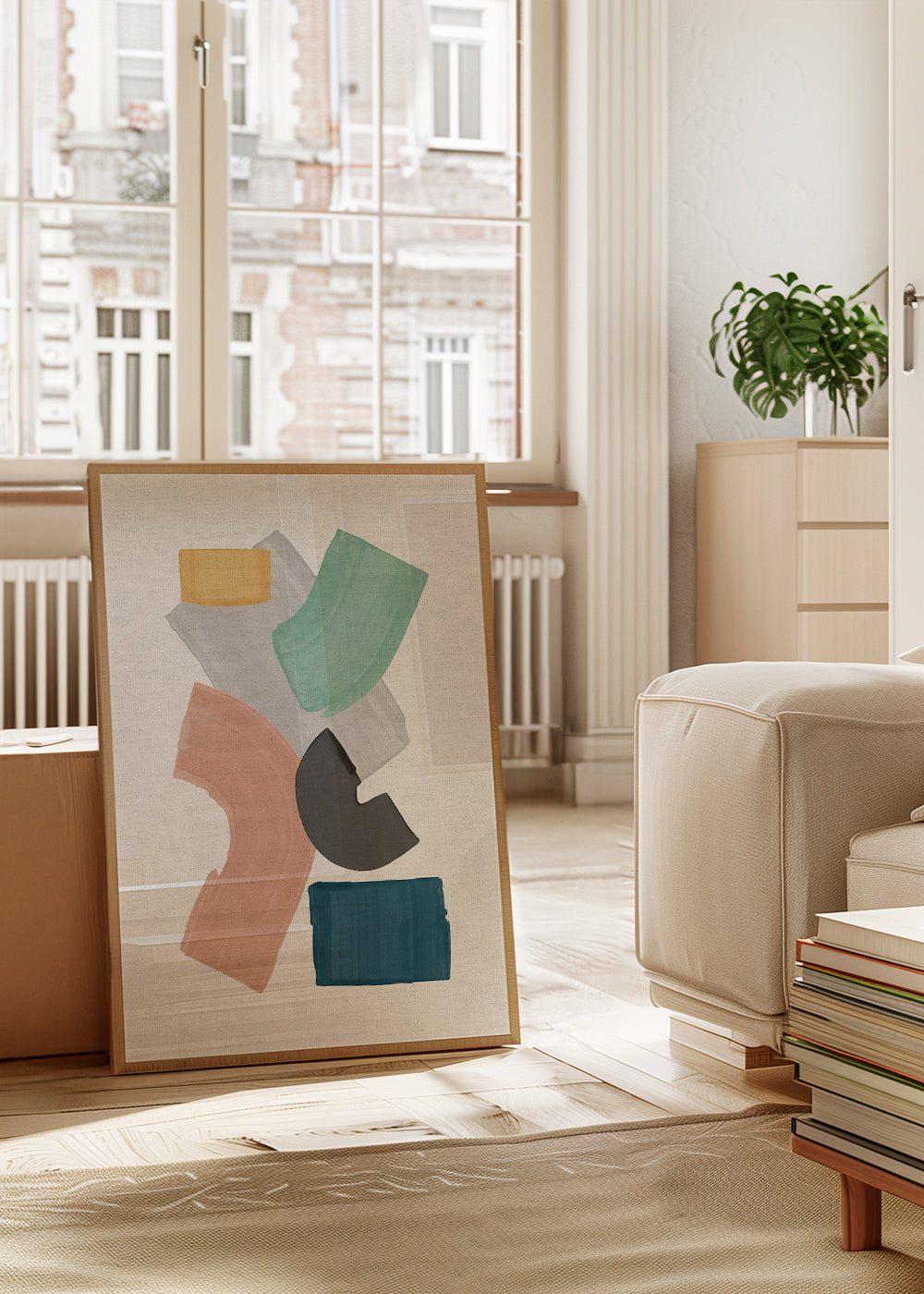 Abstrakt kunst med pastelfarvede blokke