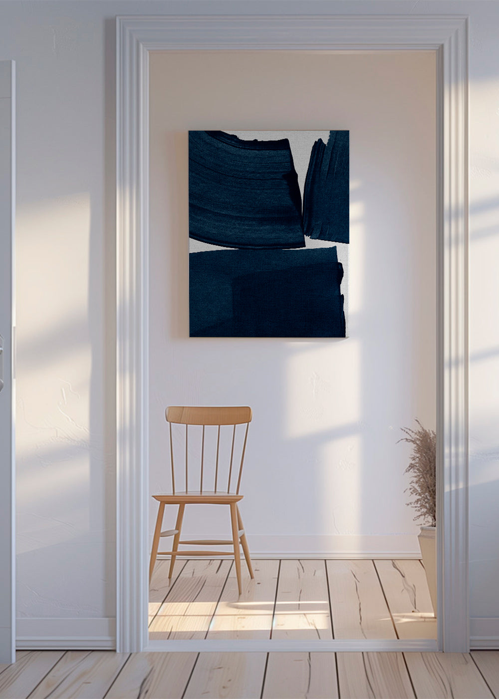 Minimalistisk maleri med blå penselstrøg
