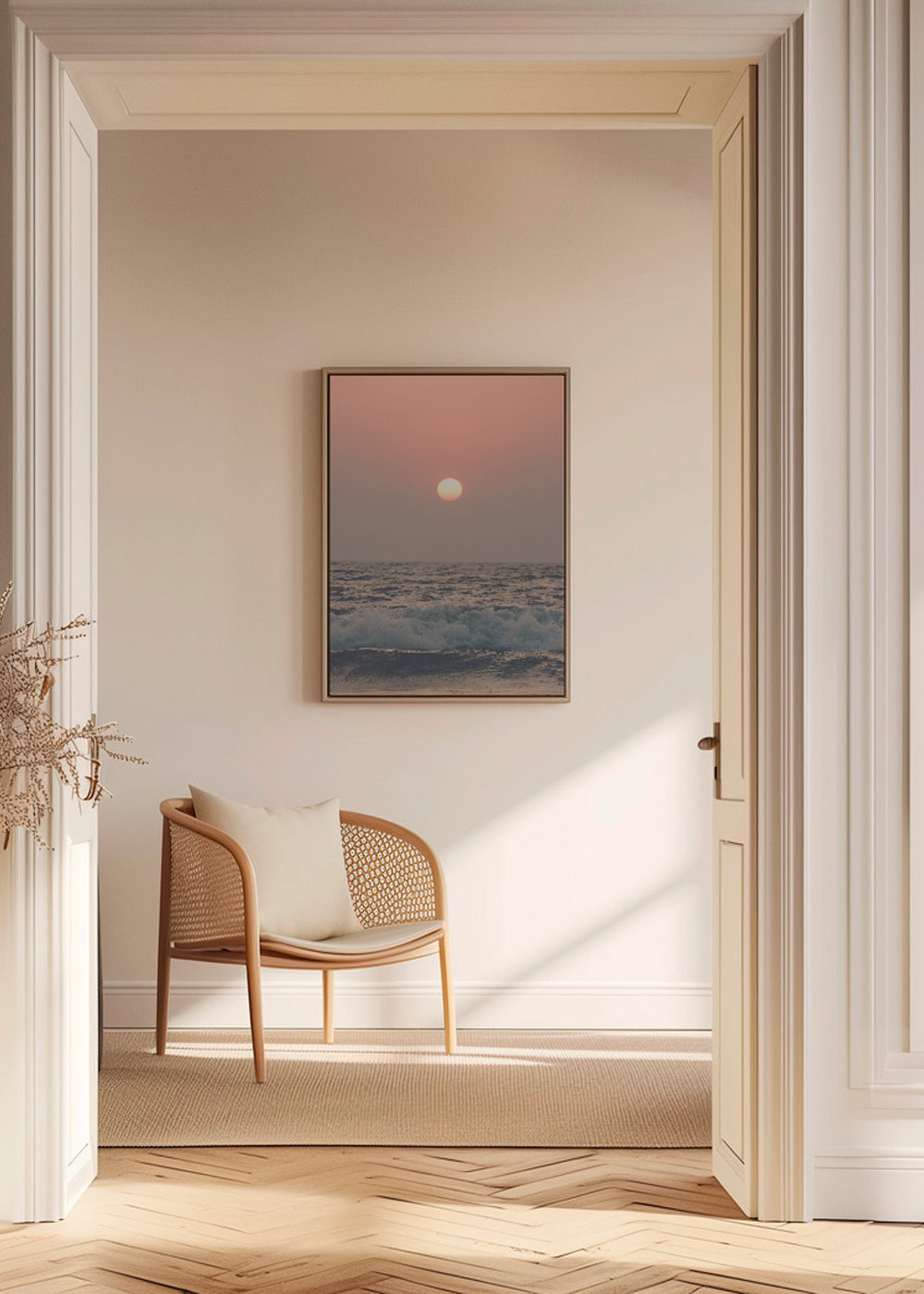 Landskabskunst: rosa solnedgang over havet