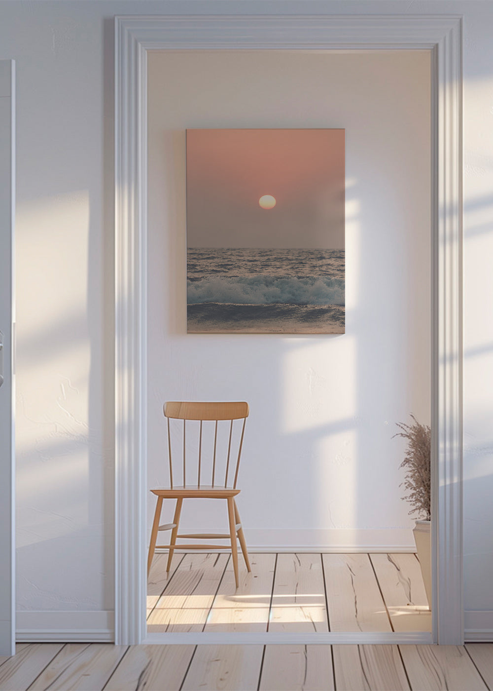 Landskabskunst: rosa solnedgang over havet