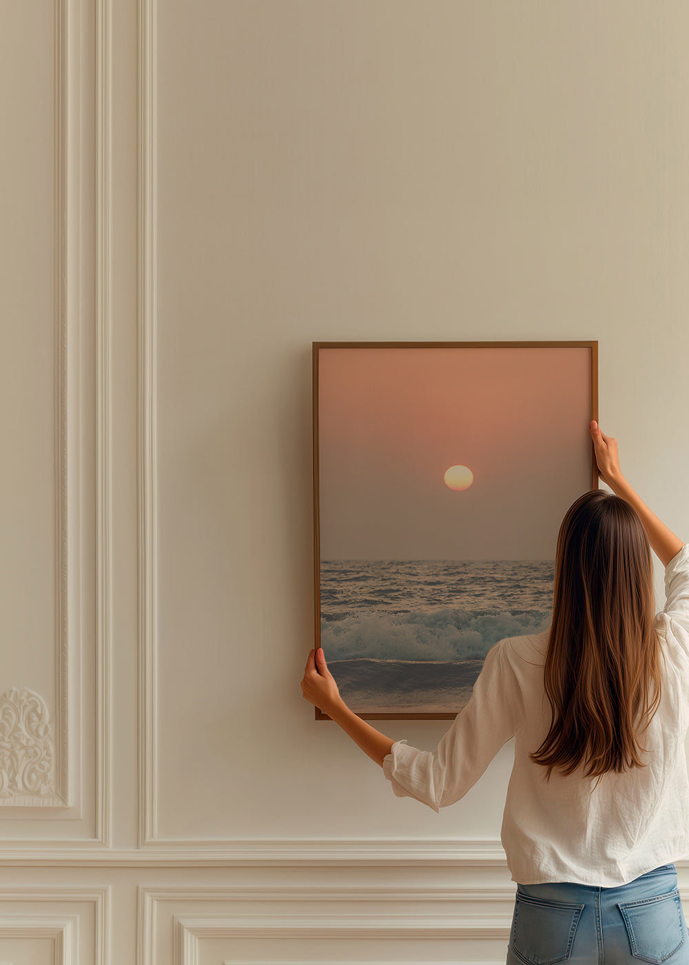 Landskabskunst: rosa solnedgang over havet
