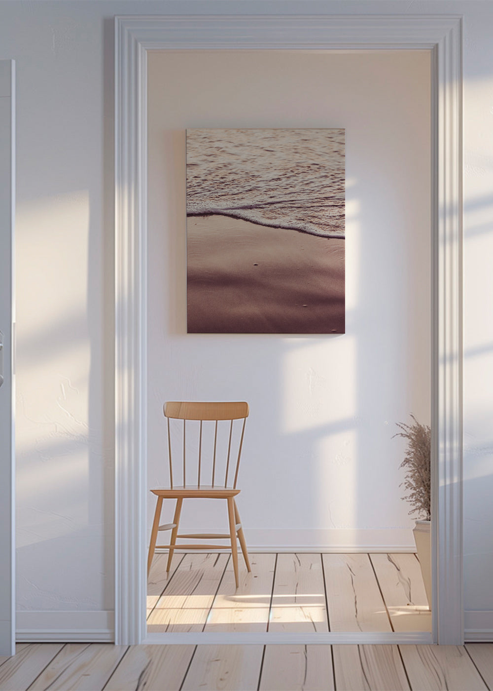 Landskabstryk: kystlinje ved solnedgang