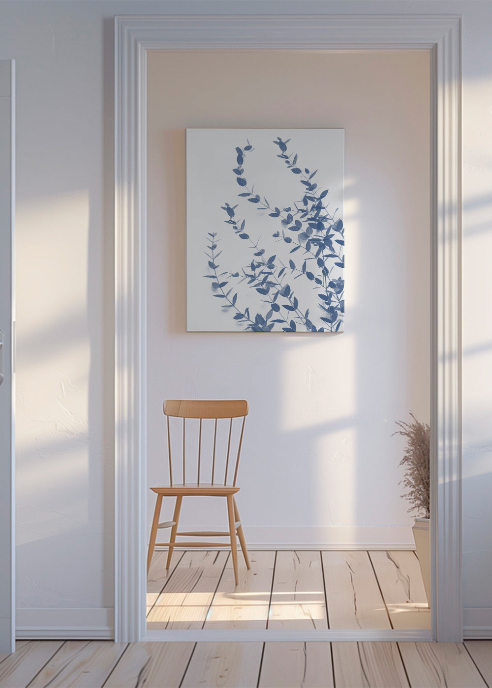 Botanisk plakat blå blade på lys baggrund