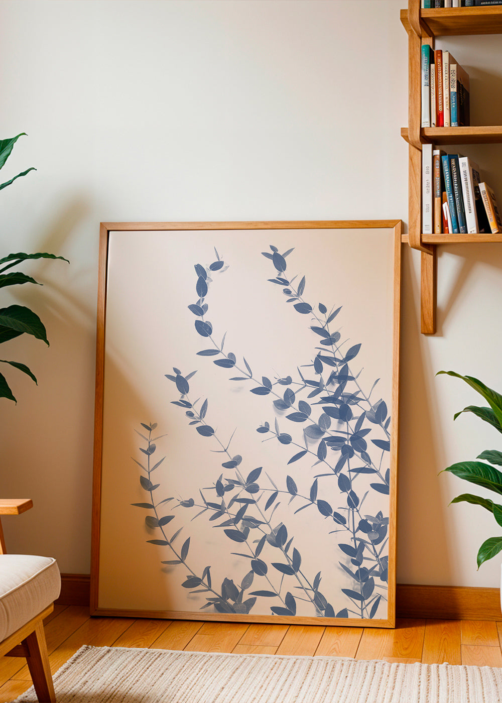 Botanisk plakat blå blade på lys baggrund