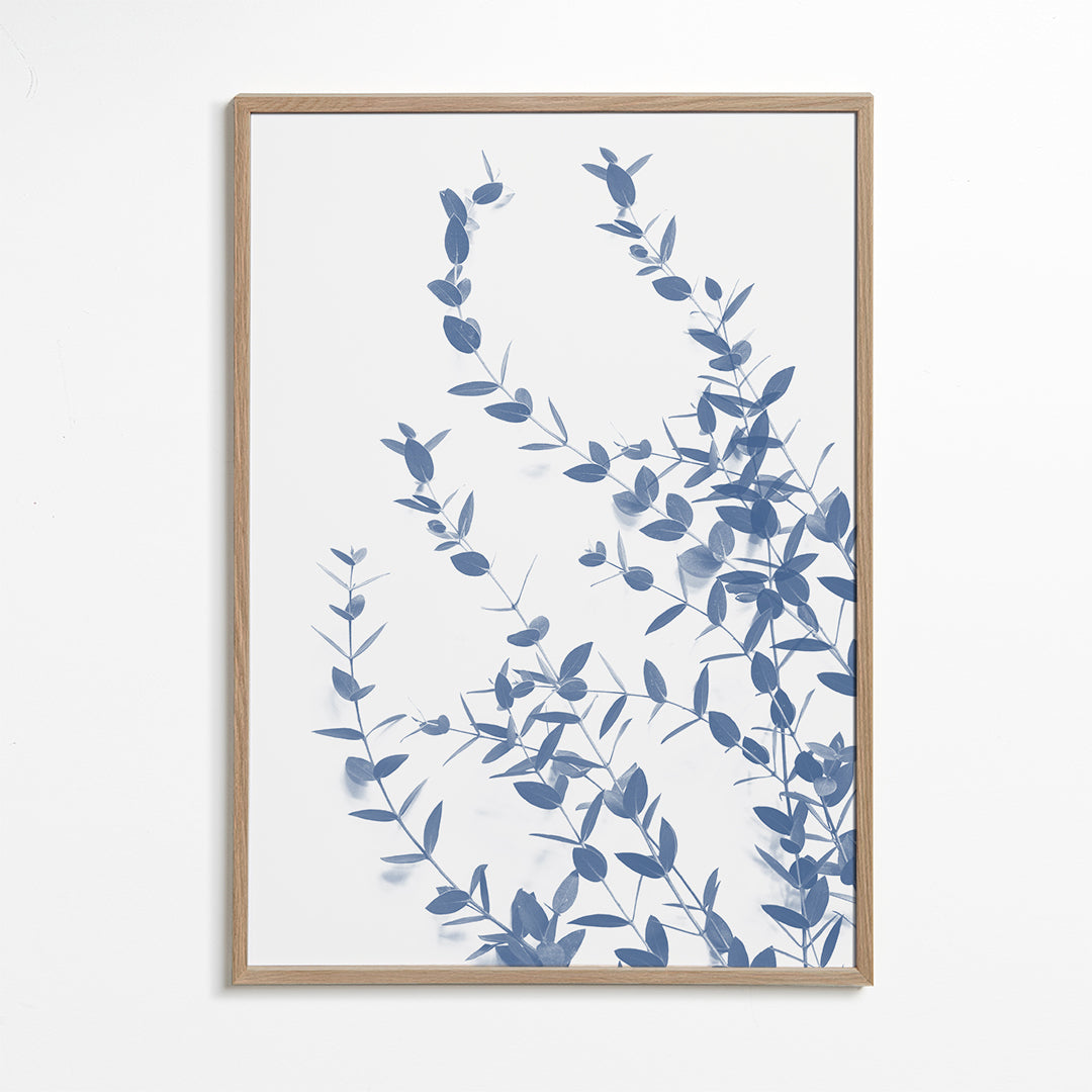 Botanisk plakat blå blade på lys baggrund