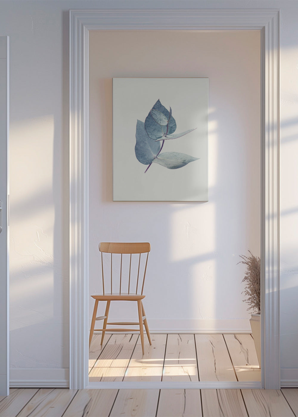 Botanisk plakat: eukalyptusblade i blid blå